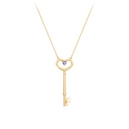 Initial Heart Key Necklace with Gemstone - F in 18K Gold Plated Silver with Alexandrite