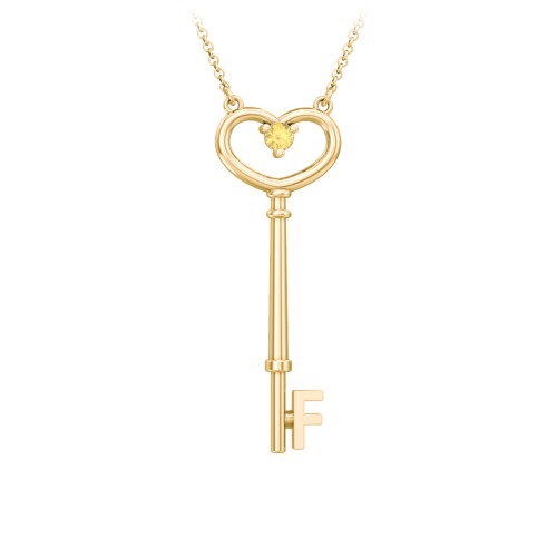 Initial Heart Key Necklace with Gemstone - F – 18K Gold Plated Silver with Citrine