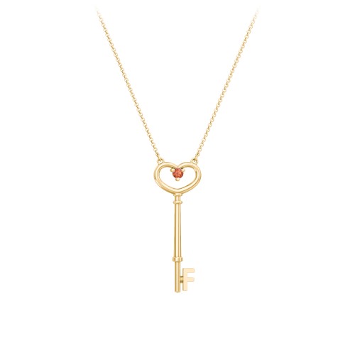 Initial Heart Key Necklace with Gemstone - F – 18K Gold Plated Silver with Garnet