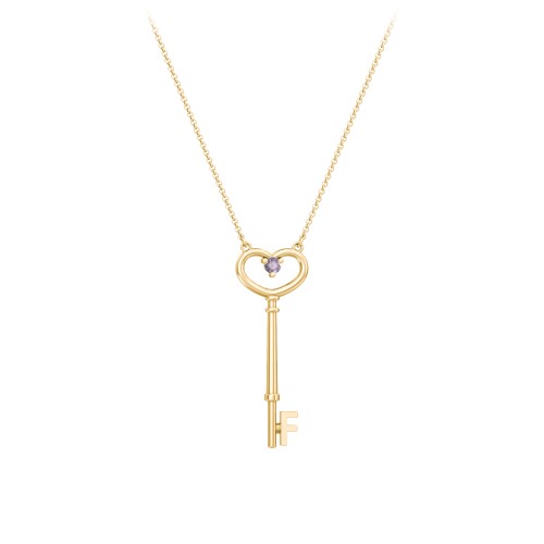 Initial Heart Key Necklace with Gemstone - F – 18K Gold Plated Silver with Alexandrite