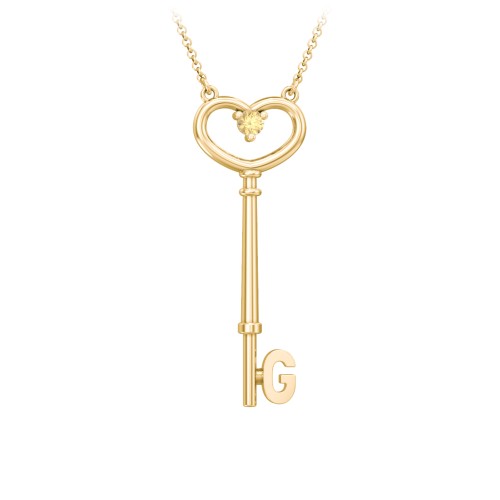 Initial Heart Key Necklace with Gemstone - G – 9kt Yellow Gold with Citrine