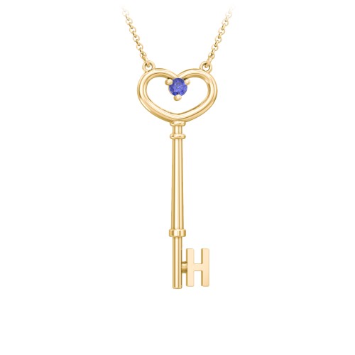 Initial Heart Key Necklace with Gemstone - H – 18K Gold Plated Silver with Blue Sapphire