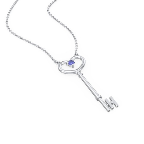 Initial Heart Key Necklace with Gemstone - H – Sterling Silver with Blue Sapphire