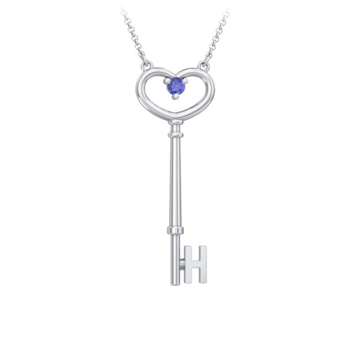 Initial Heart Key Necklace with Gemstone - H – Sterling Silver with Blue Sapphire