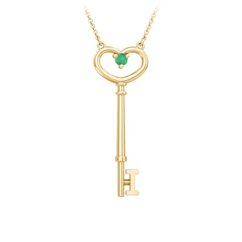 Initial Heart Key Necklace with Gemstone - I – 18K Gold Plated Silver with Emerald