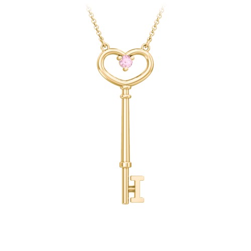 Initial Heart Key Necklace with Gemstone - I – 18K Gold Plated Silver with Pink Tourmaline