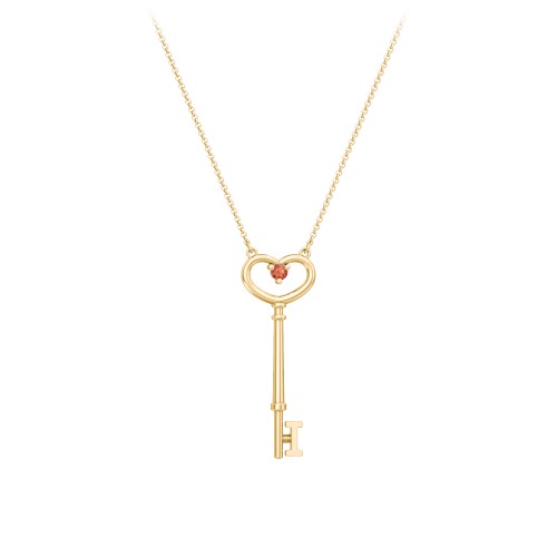 Initial Heart Key Necklace with Gemstone - I – 18K Gold Plated Silver with Garnet