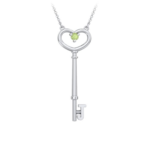 Initial Heart Key Necklace with Gemstone - J