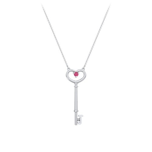 Initial Heart Key Necklace with Gemstone - J