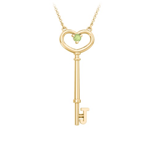 Initial Heart Key Necklace with Gemstone - J – 18K Gold Plated Silver with Peridot