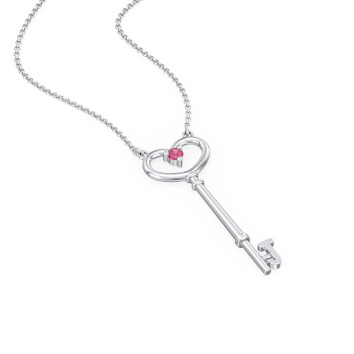 Initial Heart Key Necklace with Gemstone - J – Sterling Silver with Ruby