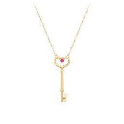 Initial Heart Key Necklace with Gemstone - J in 9K Solid Yellow Gold with Red Premium Zirconia