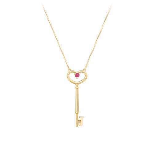 Initial Heart Key Necklace with Gemstone - J – 9kt Yellow Gold with Ruby