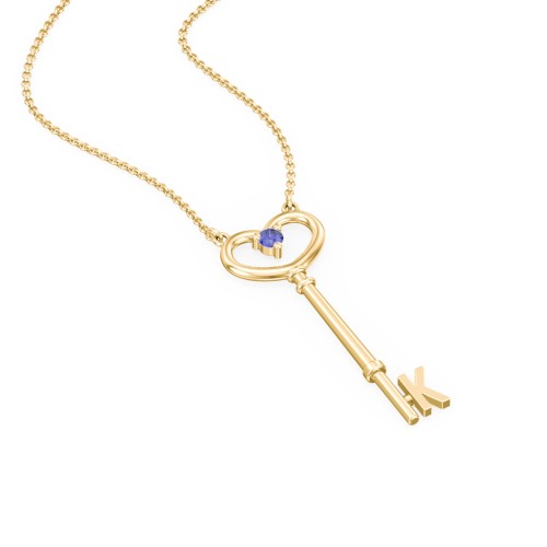 Initial Heart Key Necklace with Gemstone - K – 18K Gold Plated Silver with Blue Sapphire