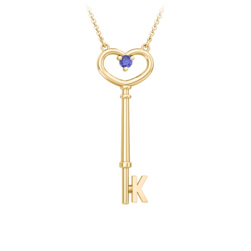 Initial Heart Key Necklace with Gemstone - K – 18K Gold Plated Silver with Blue Sapphire