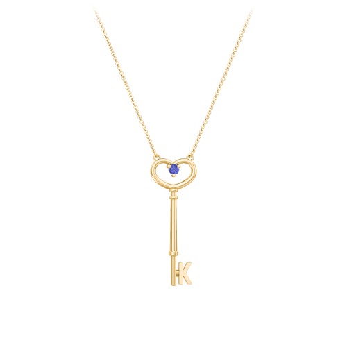 Initial Heart Key Necklace with Gemstone - K – 18K Gold Plated Silver with Blue Sapphire