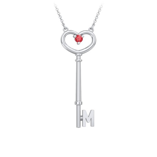 Initial Heart Key Necklace with Gemstone - M