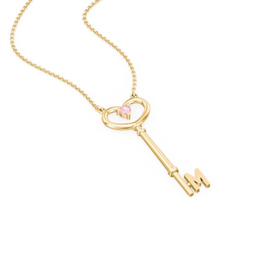 Initial Heart Key Necklace with Gemstone - M – 18K Gold Plated Silver with Pink Tourmaline