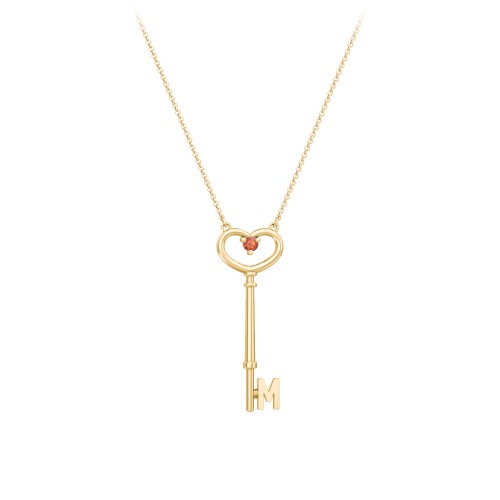 Initial Heart Key Necklace with Gemstone - M – 18K Gold Plated Silver with Garnet