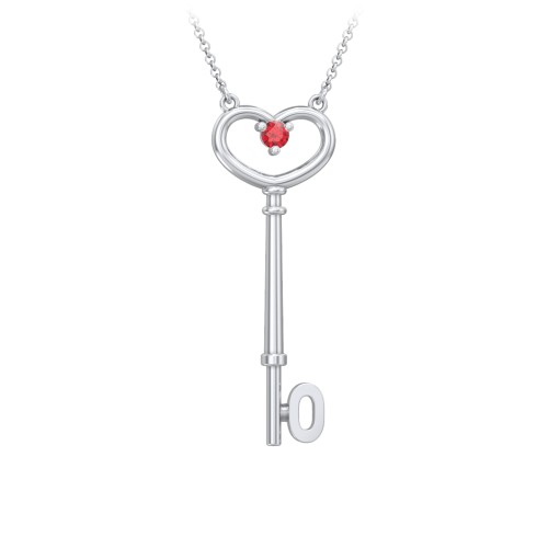 Initial Heart Key Necklace with Gemstone - O