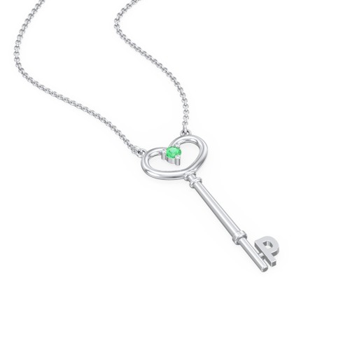 Initial Heart Key Necklace with Gemstone - P