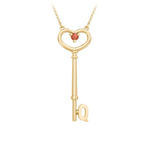 Initial Heart Key Necklace with Gemstone - Q – 18K Gold Plated Silver with Garnet