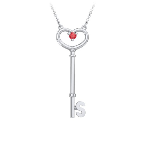 Initial Heart Key Necklace with Gemstone - S