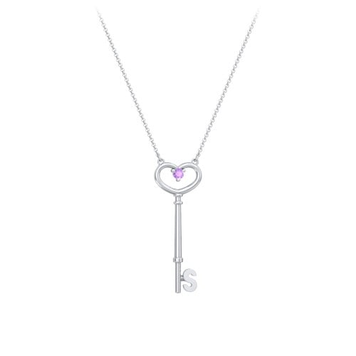 Initial Heart Key Necklace with Gemstone - S