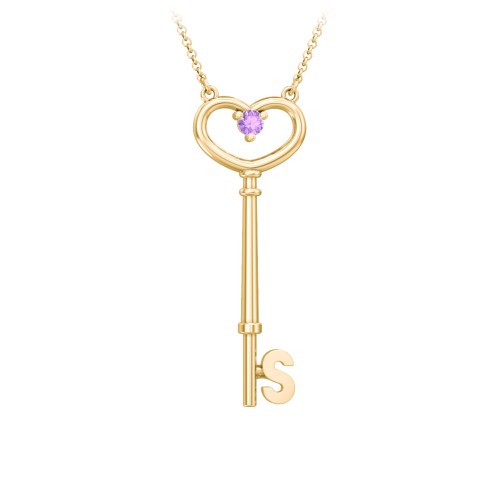 Initial Heart Key Necklace with Gemstone - S – 18K Gold Plated Silver with Amethyst