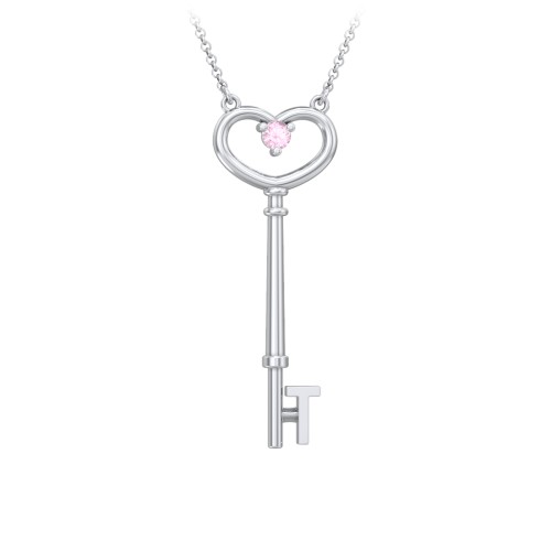 Initial Heart Key Necklace with Gemstone - T – Sterling Silver with Pink Tourmaline