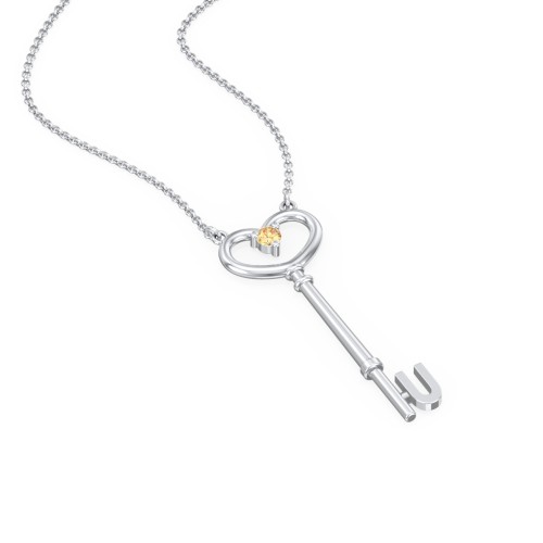 Initial Heart Key Necklace with Gemstone - U