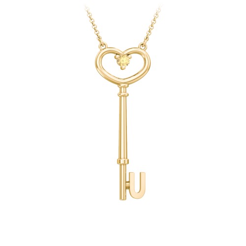 Initial Heart Key Necklace with Gemstone - U – 18K Gold Plated Silver with Citrine