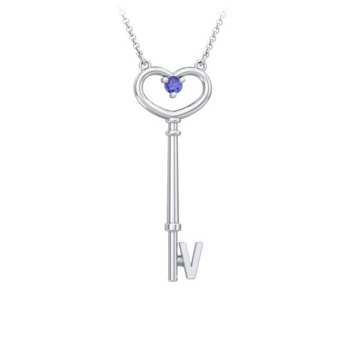Initial Heart Key Necklace with Gemstone - V – Sterling Silver with Blue Sapphire