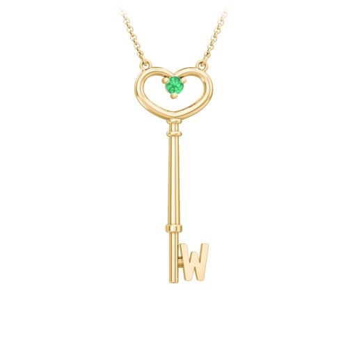 Initial Heart Key Necklace with Gemstone - W – 18K Gold Plated Silver with Emerald