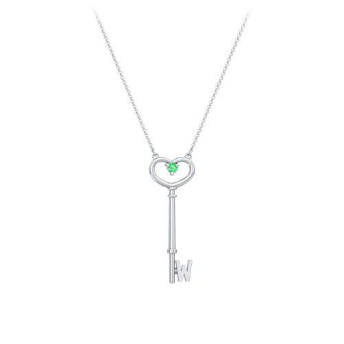 Initial Heart Key Necklace with Gemstone - W – Sterling Silver with Emerald