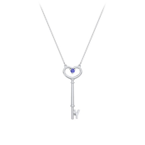 Initial Heart Key Necklace with Gemstone - Y