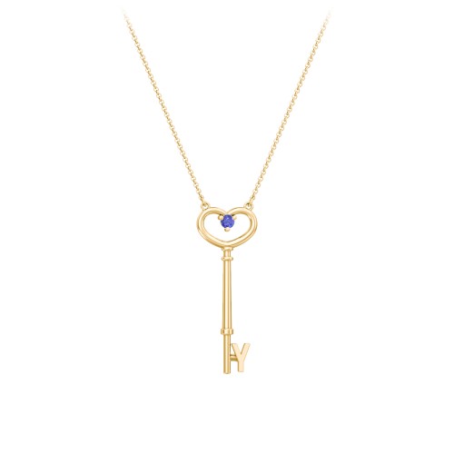 Initial Heart Key Necklace with Gemstone - Y – 18K Gold Plated Silver with Blue Sapphire