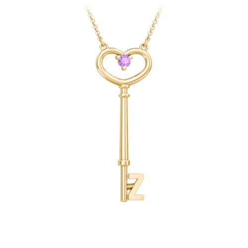 Initial Heart Key Necklace with Gemstone - Z – 18K Gold Plated Silver with Amethyst