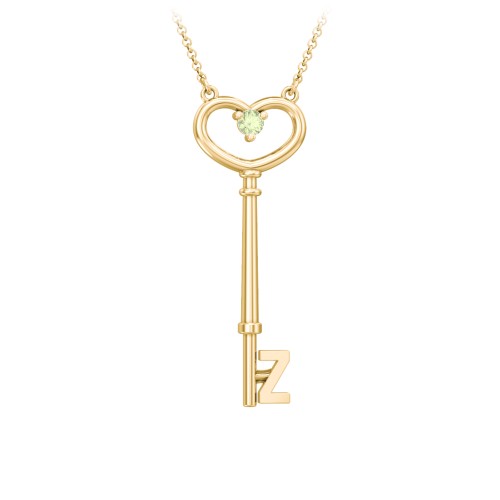 Initial Heart Key Necklace with Gemstone - Z – 18K Gold Plated Silver with Peridot