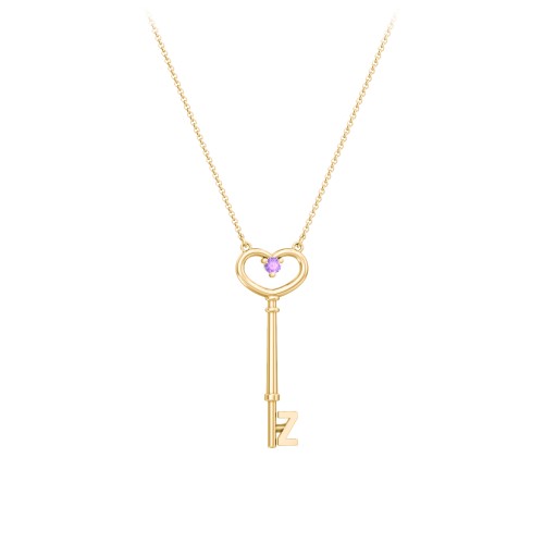 Initial Heart Key Necklace with Gemstone - Z – 18K Gold Plated Silver with Amethyst