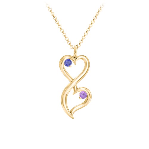 Stacked Hearts Gemstone Necklace – 9kt Yellow Gold with Blue Sapphire and Amethyst