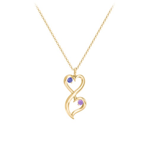 Stacked Hearts Gemstone Necklace – 9kt Yellow Gold with Blue Sapphire and Amethyst