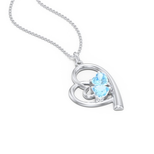 Intertwined Heart In Heart Pendant with 2 Gemstones – Sterling Silver with Blue Topaz