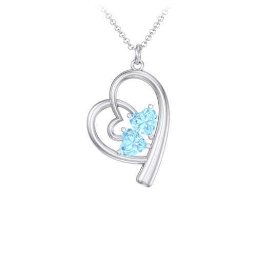 Intertwined Heart In Heart Pendant with 2 Gemstones – Sterling Silver with Blue Topaz