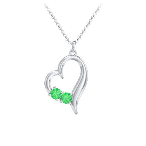 Tilted Open Heart Pendant with Gemstones – Sterling Silver with Emerald