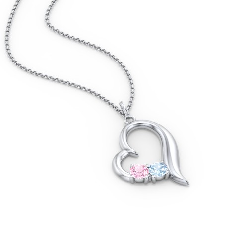 Tilted Open Heart Pendant with Gemstones – Sterling Silver with Pink Tourmaline and Blue Topaz