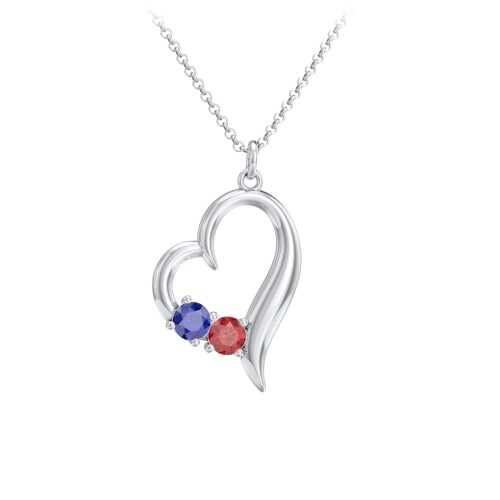 Tilted Open Heart Pendant with Gemstones – Sterling Silver with Blue Sapphire and Garnet