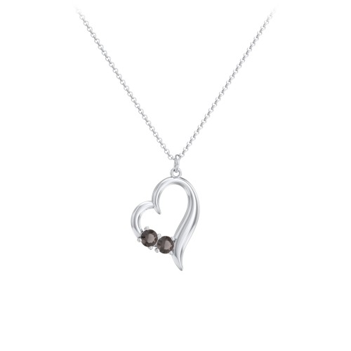 Tilted Open Heart Pendant with Gemstones – Sterling Silver with Smokey Quartz