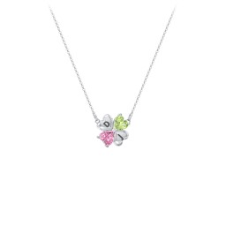 Lucky Clover Hearts And Gemstones Necklace in 925 Sterling Silver with Peridot and Pink Tourmaline