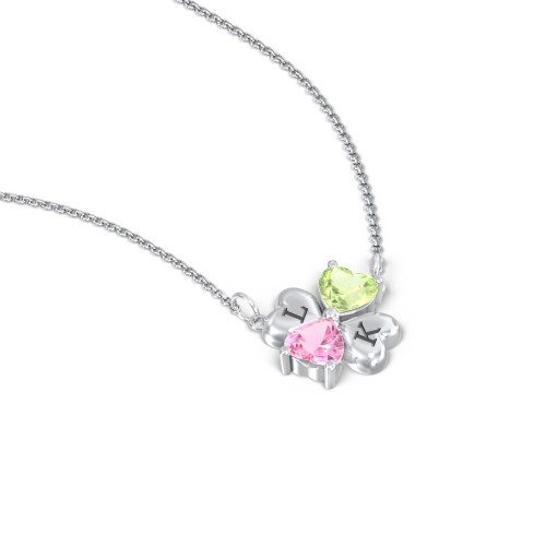 Lucky Clover Hearts And Gemstones Necklace – Sterling Silver with Peridot and Pink Tourmaline
